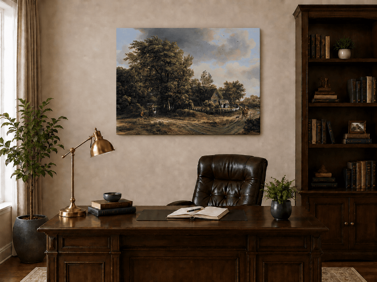 Peinture à l'huile de paysage - Village côtier avec phare et coucher de soleil