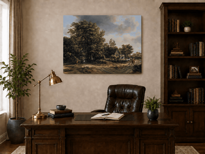 Peinture à l'huile de paysage - Village côtier avec phare et coucher de soleil