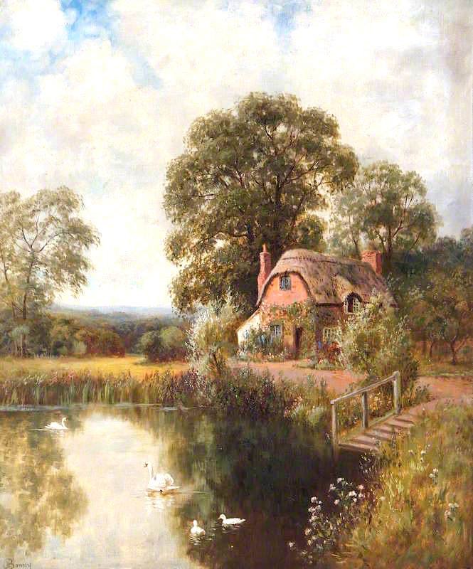 Hand-painted country cottage by the pond with swans landscape oil painting on canvas