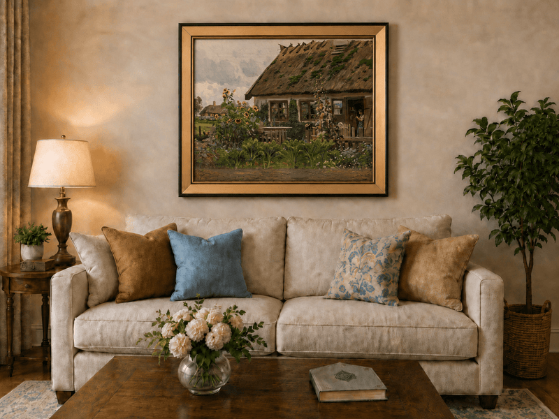 Landscape Oil Painting - Country Cottage Garden with Sunflowers