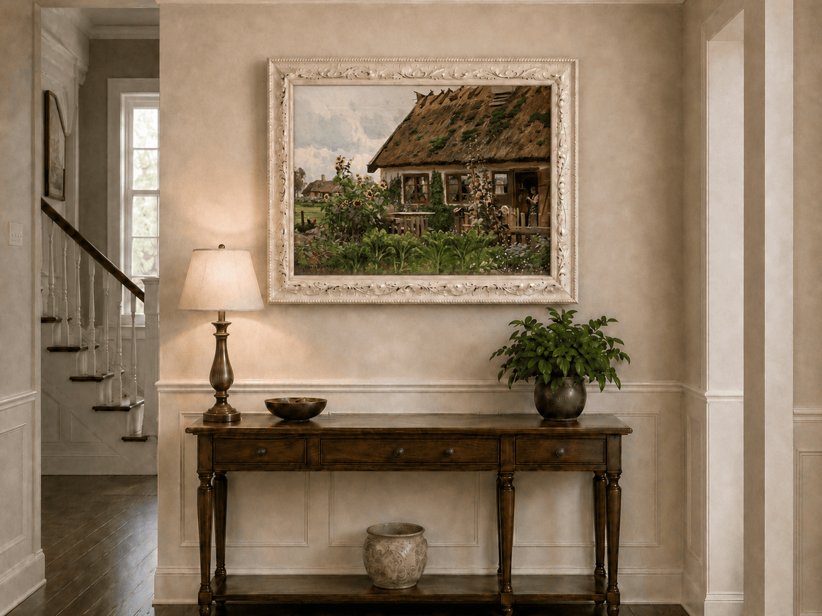 Landscape Oil Painting - Country Cottage Garden with Sunflowers
