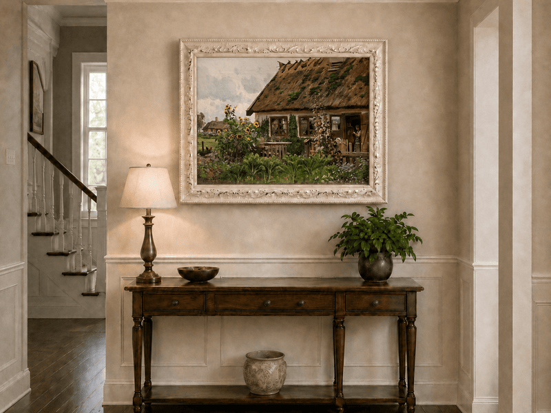 Landscape Oil Painting - Country Cottage Garden with Sunflowers