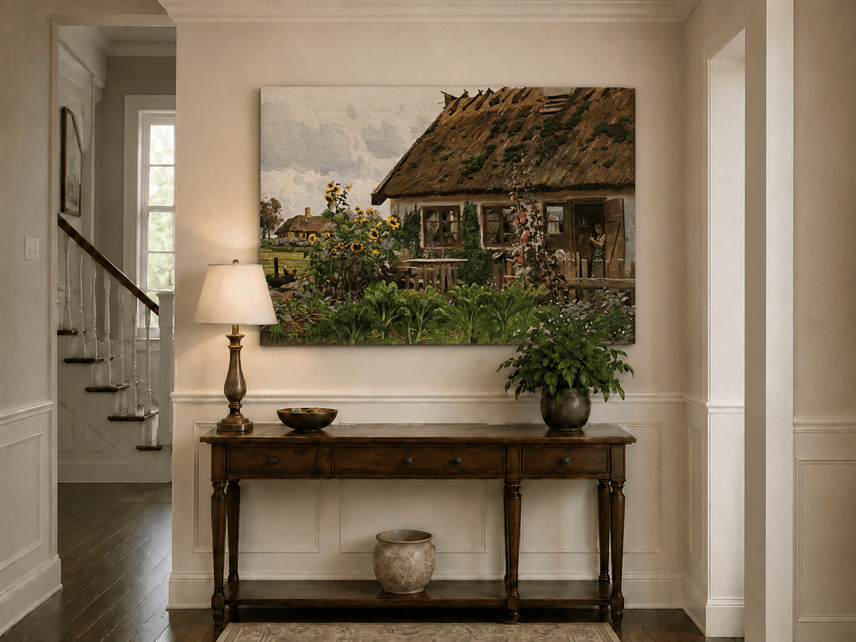 Landscape Oil Painting - Country Cottage Garden with Sunflowers