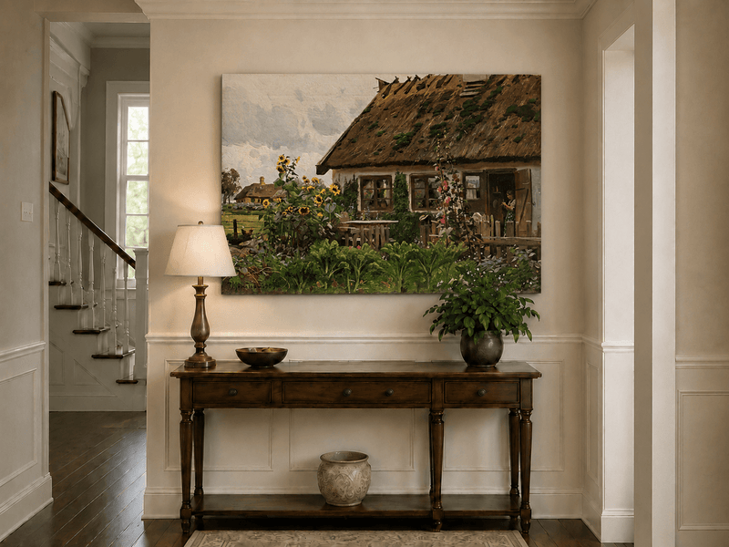 Landscape Oil Painting - Country Cottage Garden with Sunflowers