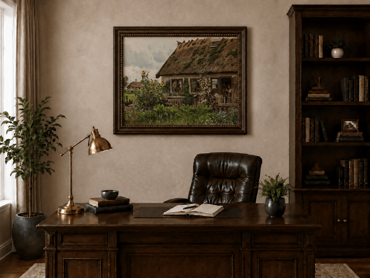 Landscape Oil Painting - Country Cottage Garden with Sunflowers
