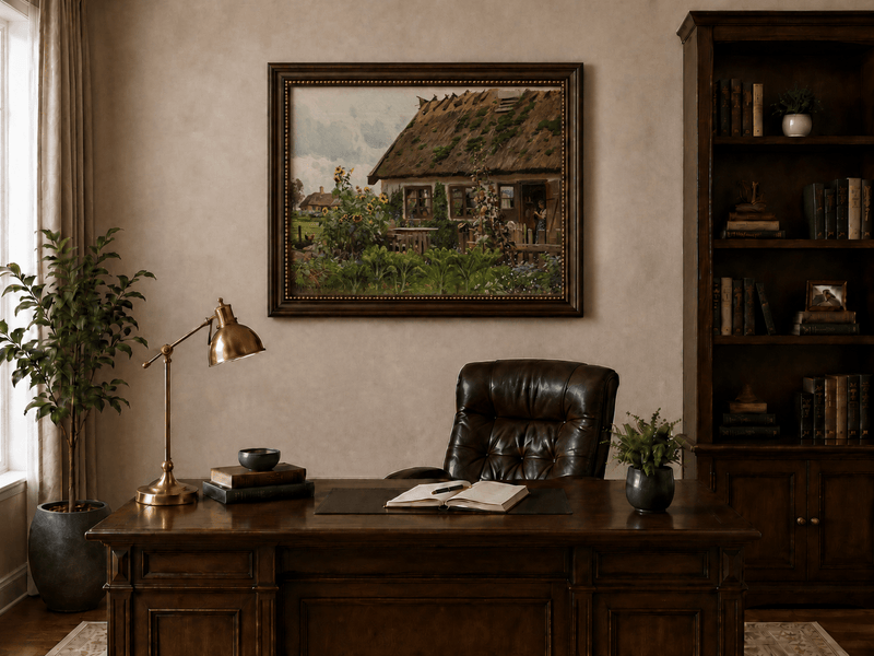 Landscape Oil Painting - Country Cottage Garden with Sunflowers