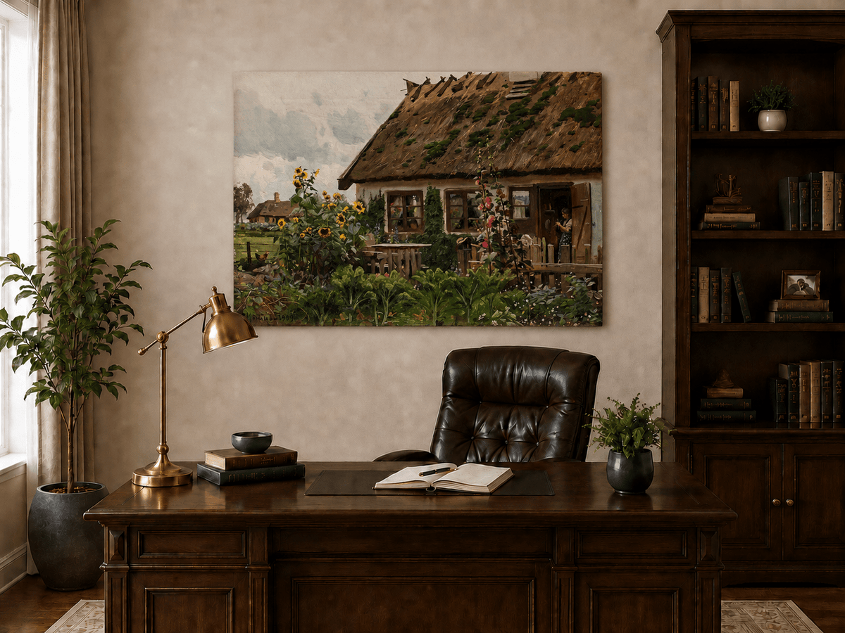 Landscape Oil Painting - Country Cottage Garden with Sunflowers