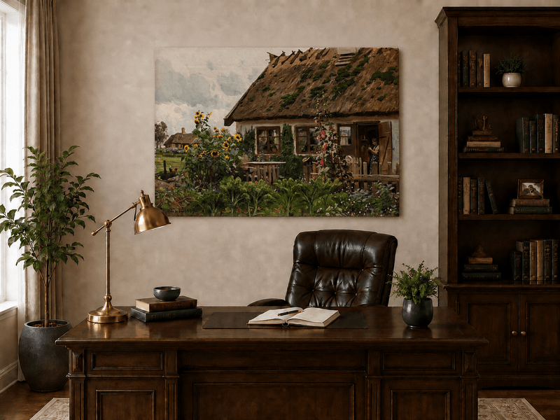 Landscape Oil Painting - Country Cottage Garden with Sunflowers