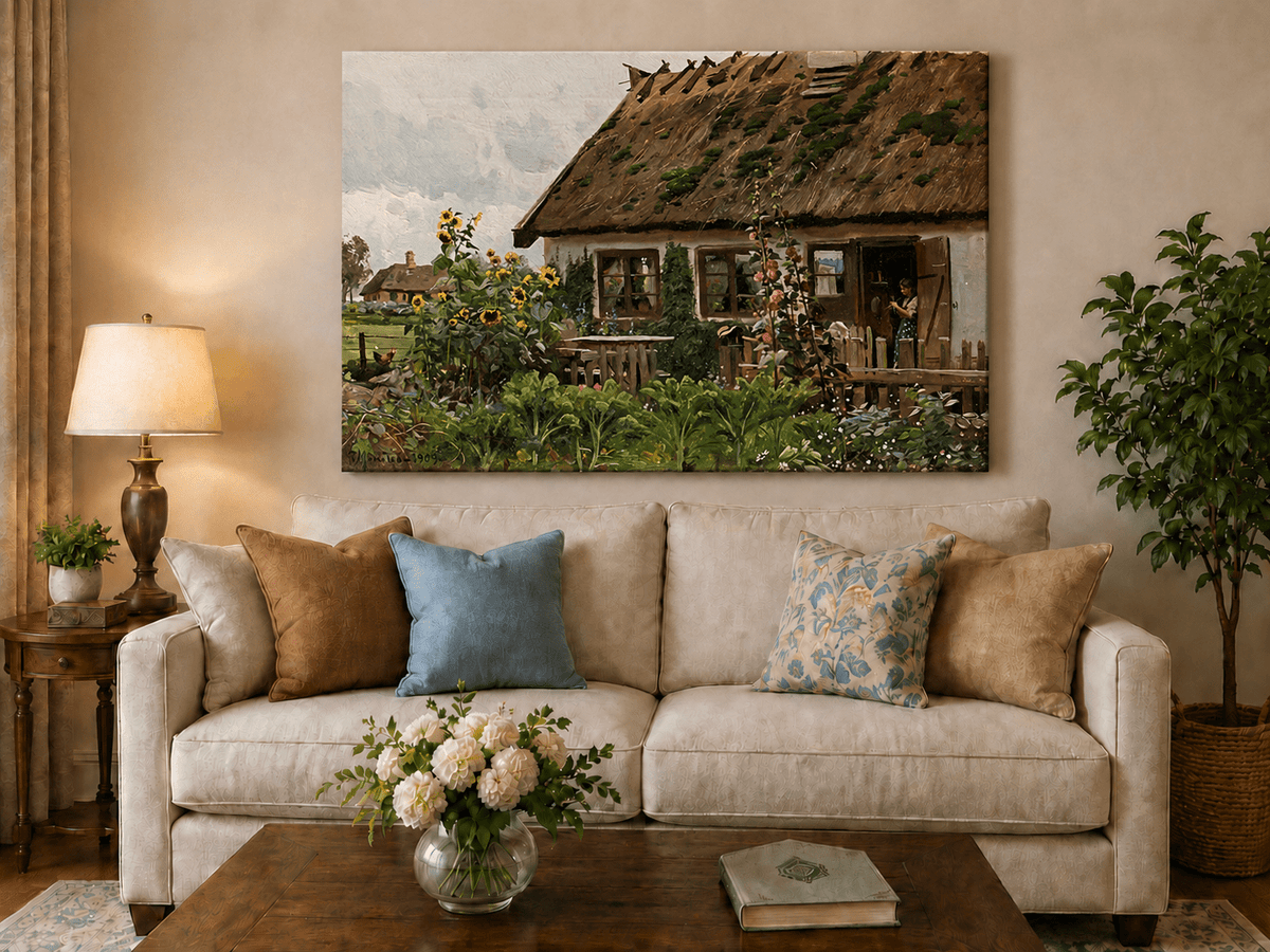 Landscape Oil Painting - Country Cottage Garden with Sunflowers
