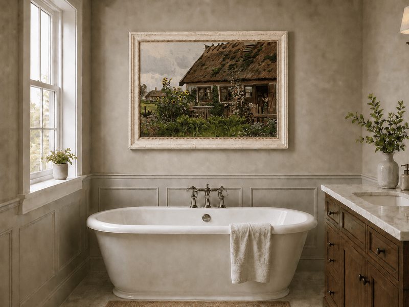 Landscape Oil Painting - Country Cottage Garden with Sunflowers