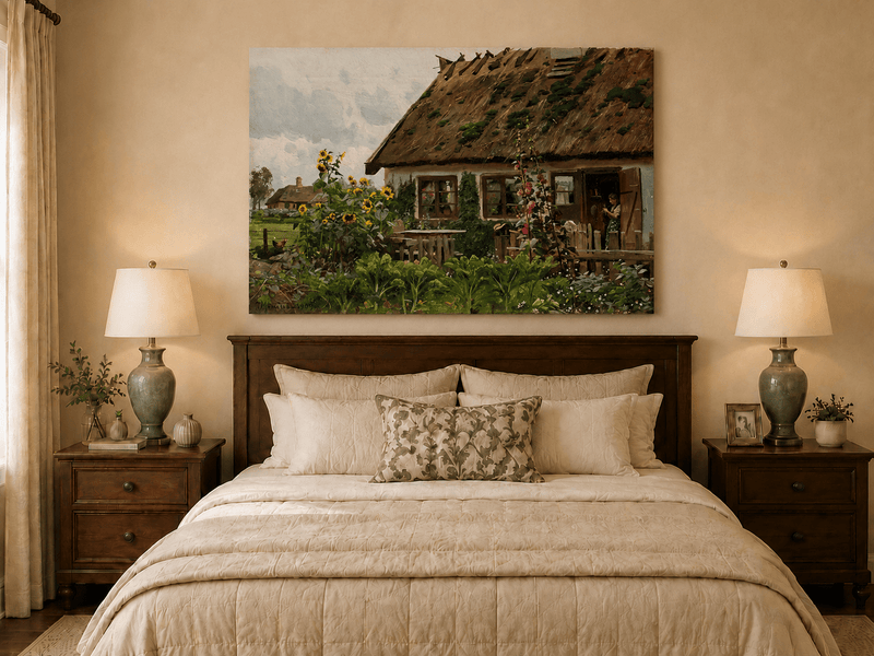 Landscape Oil Painting - Country Cottage Garden with Sunflowers