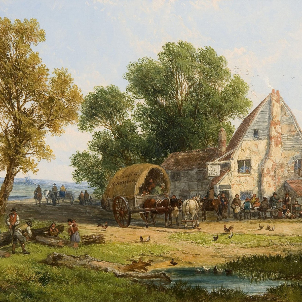 Landscape Oil Painting - Country Cottage, Hay Wagon & Rural Crowd - Oil Painting Haven