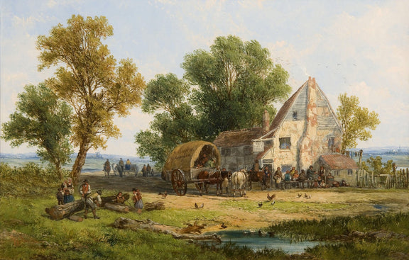 Landscape Oil Painting - Country Cottage, Hay Wagon & Rural Crowd - Oil Painting Haven