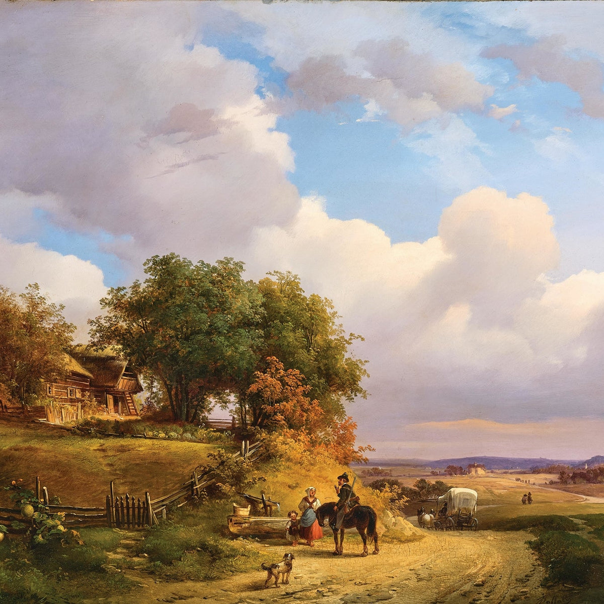 Hand-painted country cottage, rider and open road scene landscape oil painting on canvas