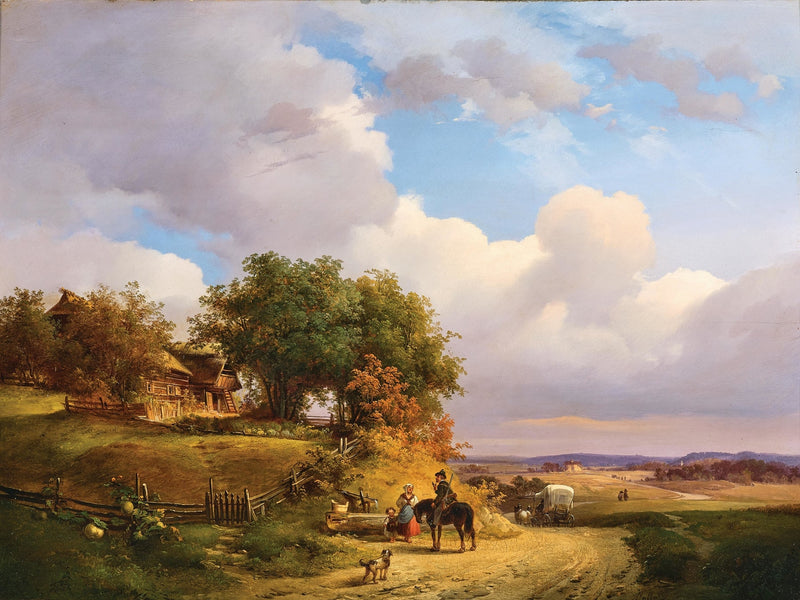 Hand-painted country cottage, rider and open road scene landscape oil painting on canvas