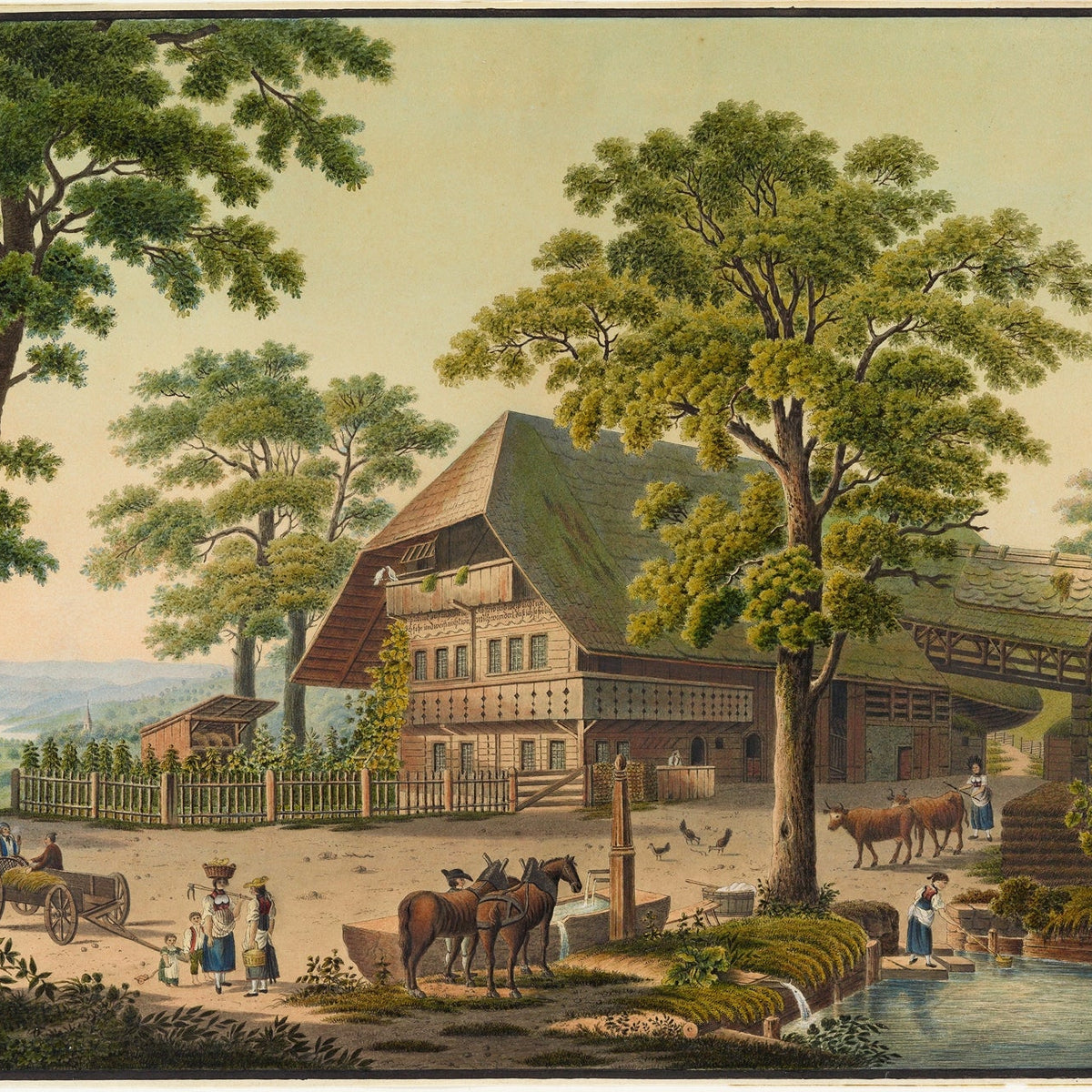 Hand-painted country farmhouse with pond and horses landscape oil painting on canvas