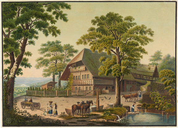 Hand-painted country farmhouse with pond and horses landscape oil painting on canvas