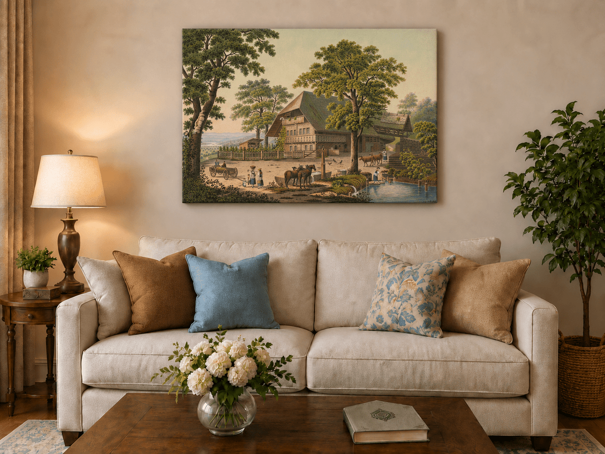 Landscape Oil Painting - Country Farmhouse with Pond and Horses