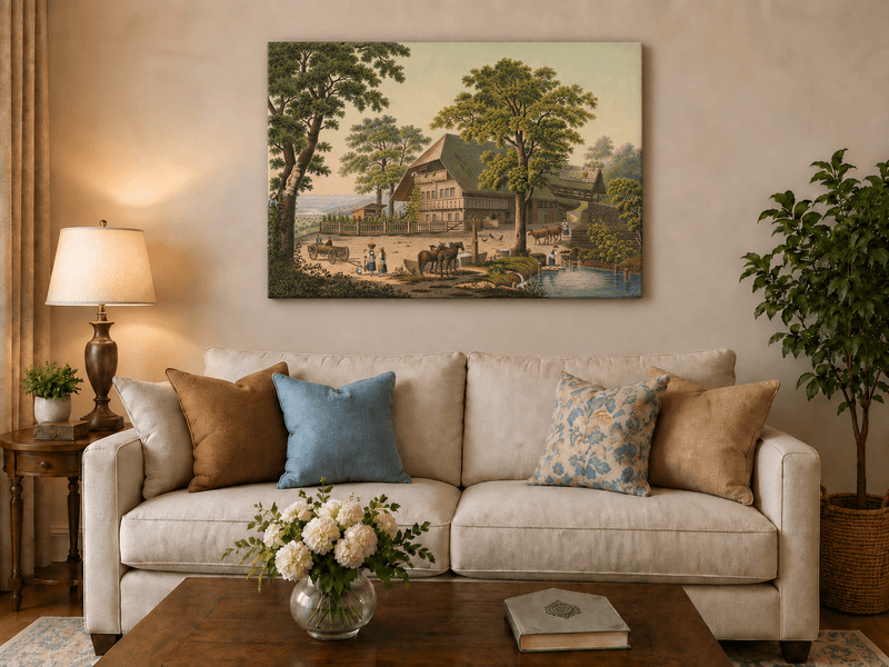 Landscape Oil Painting - Country Farmhouse with Pond and Horses