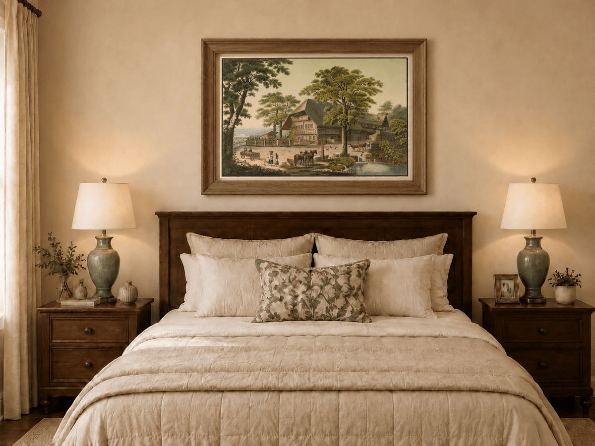 Landscape Oil Painting - Country Farmhouse with Pond and Horses
