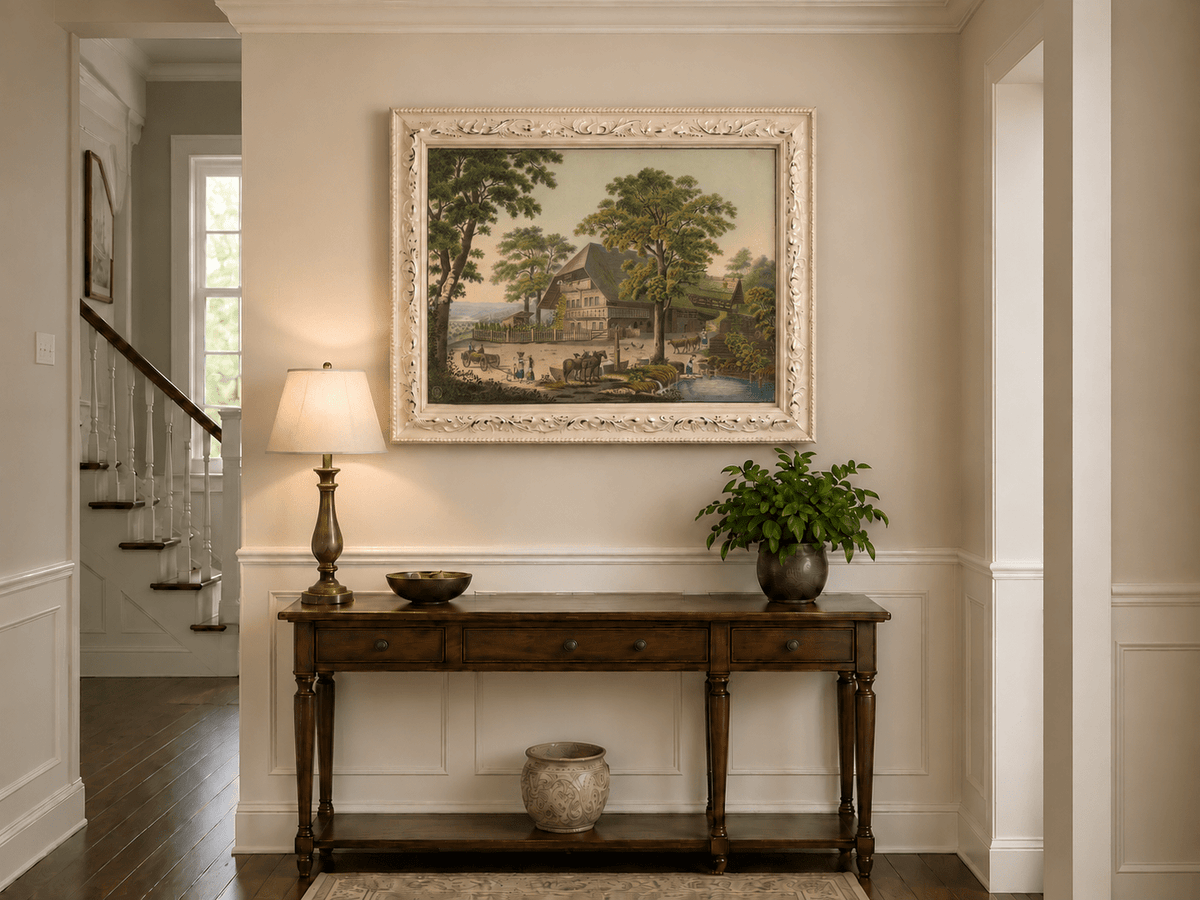 Landscape Oil Painting - Country Farmhouse with Pond and Horses