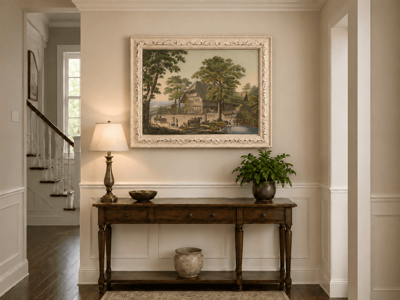 Landscape Oil Painting - Country Farmhouse with Pond and Horses