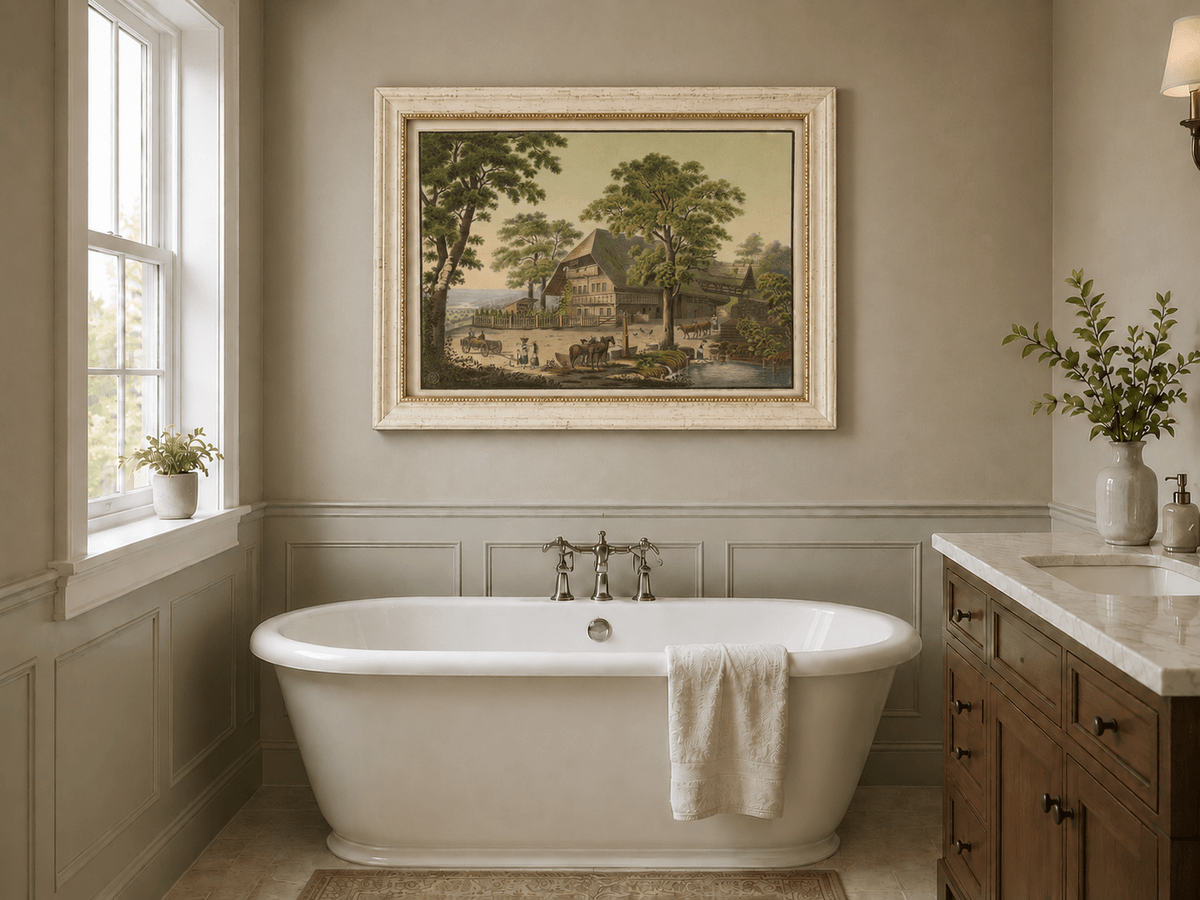 Landscape Oil Painting - Country Farmhouse with Pond and Horses