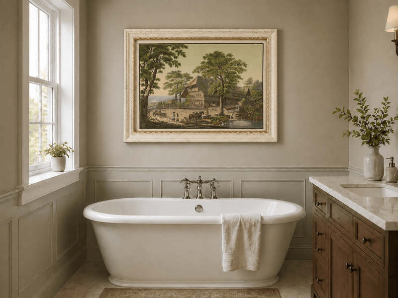 Landscape Oil Painting - Country Farmhouse with Pond and Horses