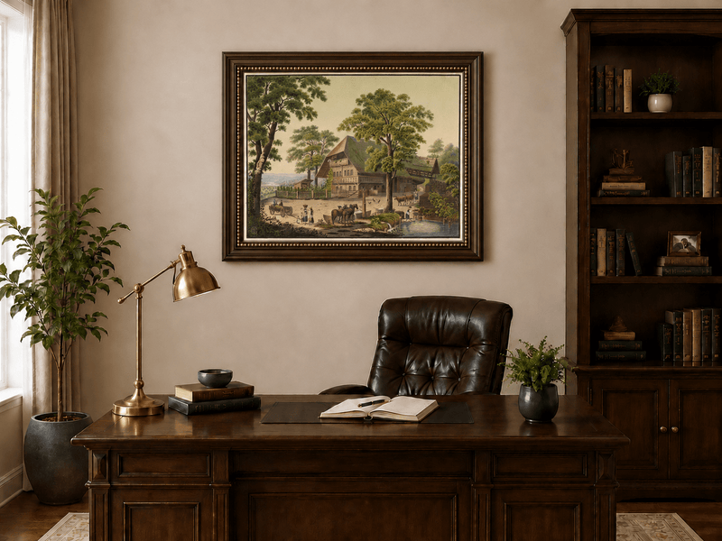 Landscape Oil Painting - Country Farmhouse with Pond and Horses