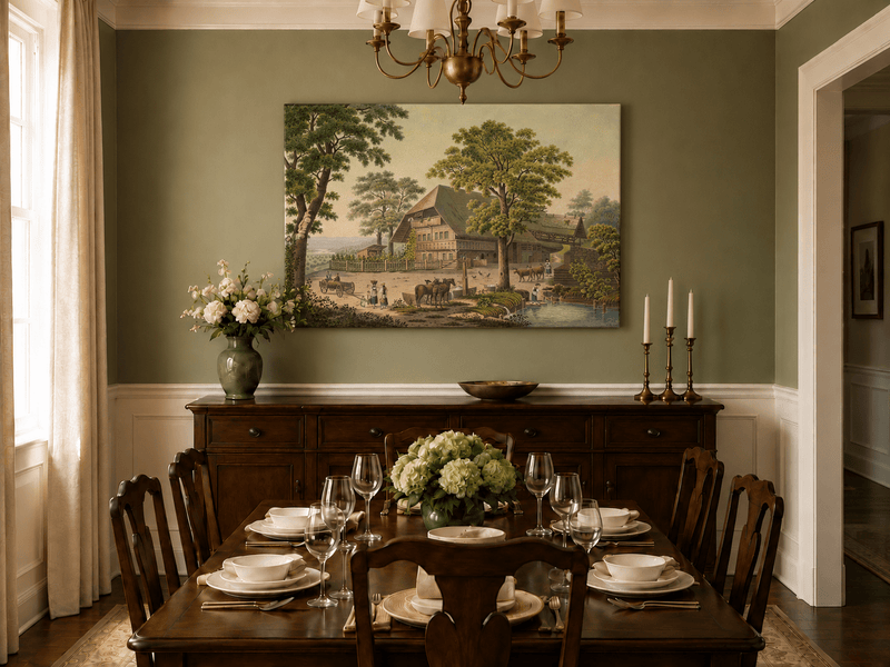 Landscape Oil Painting - Country Farmhouse with Pond and Horses