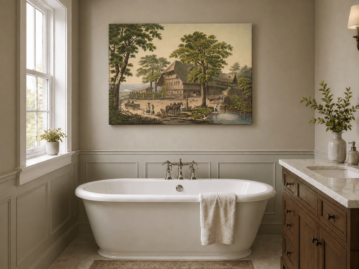Landscape Oil Painting - Country Farmhouse with Pond and Horses