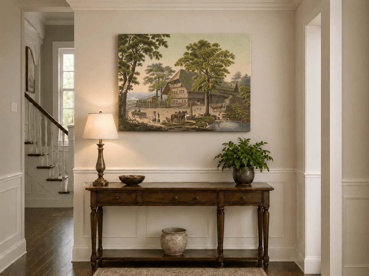 Landscape Oil Painting - Country Farmhouse with Pond and Horses