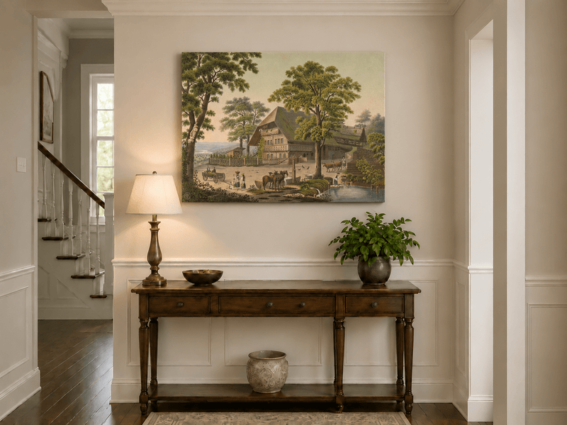 Landscape Oil Painting - Country Farmhouse with Pond and Horses