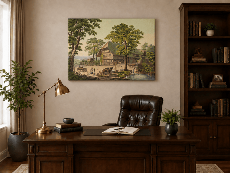 Landscape Oil Painting - Country Farmhouse with Pond and Horses