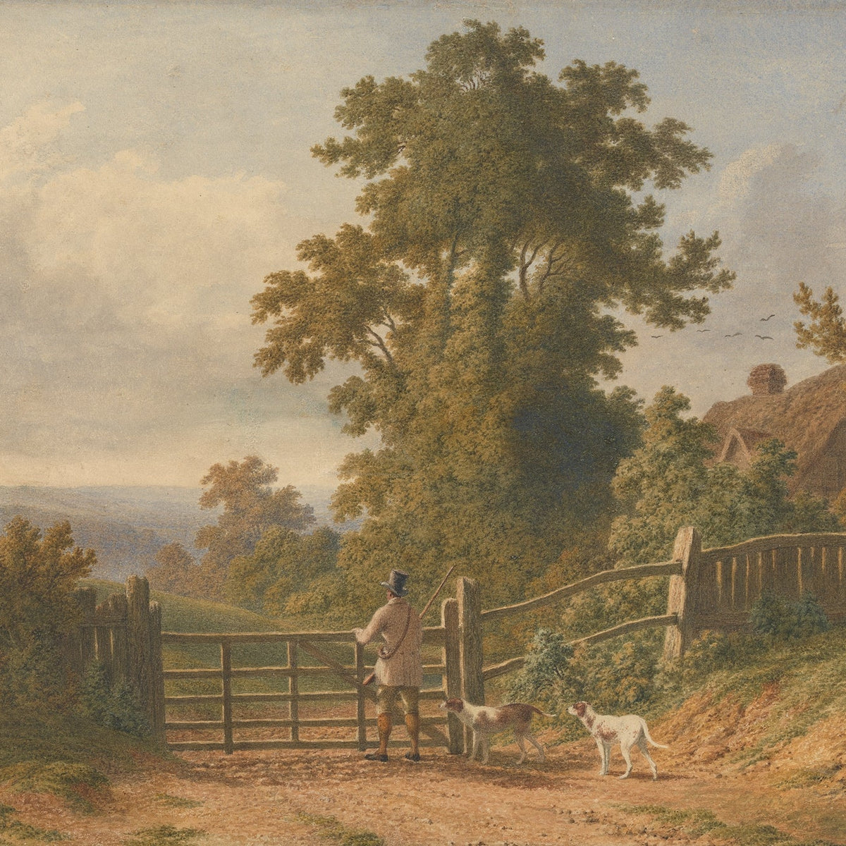 Hand-painted country gate with hunter and dogs landscape oil painting on canvas