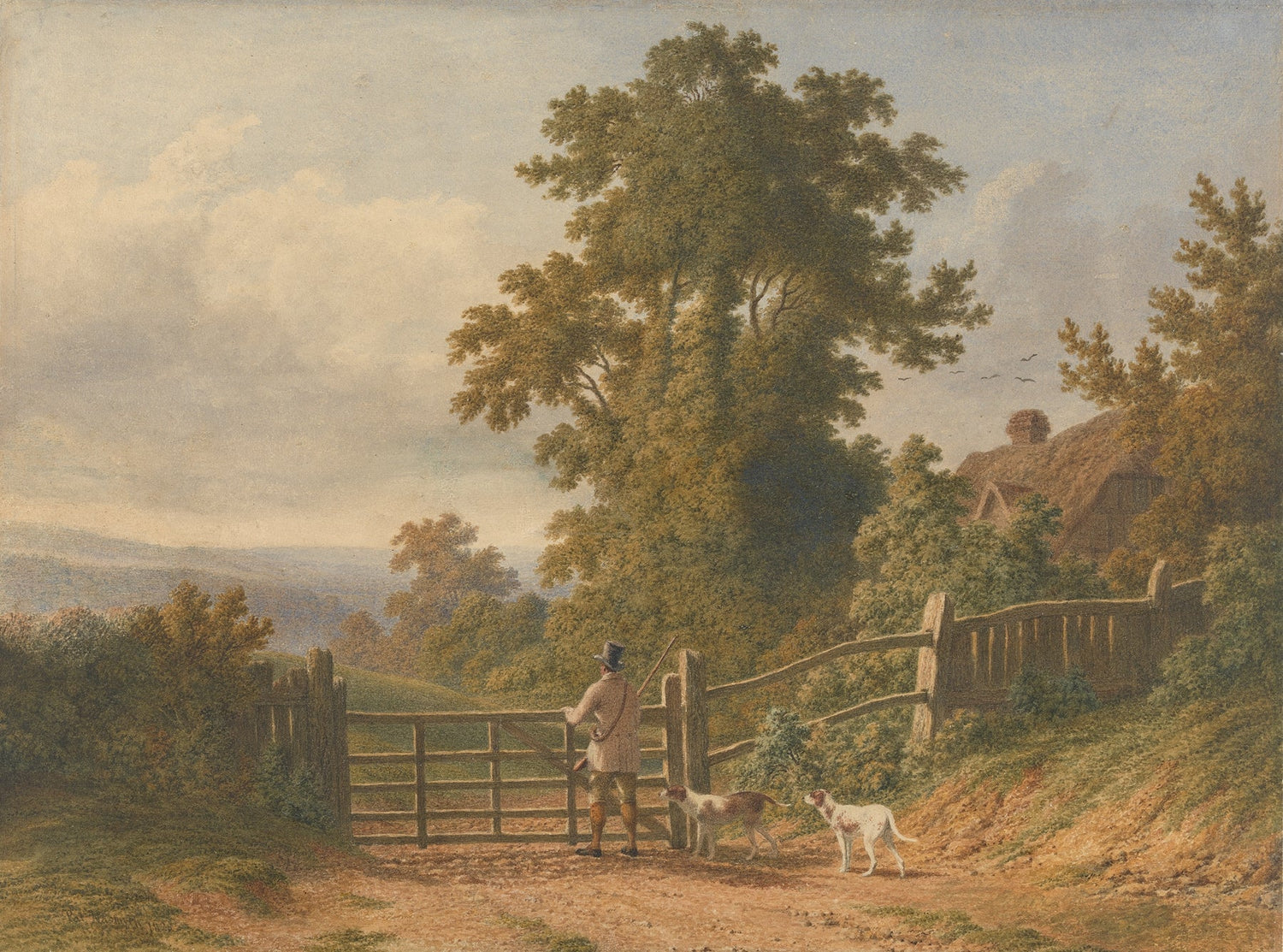 Landscape Oil Painting - Country Gate with Hunter and Dogs - Oil Painting Haven