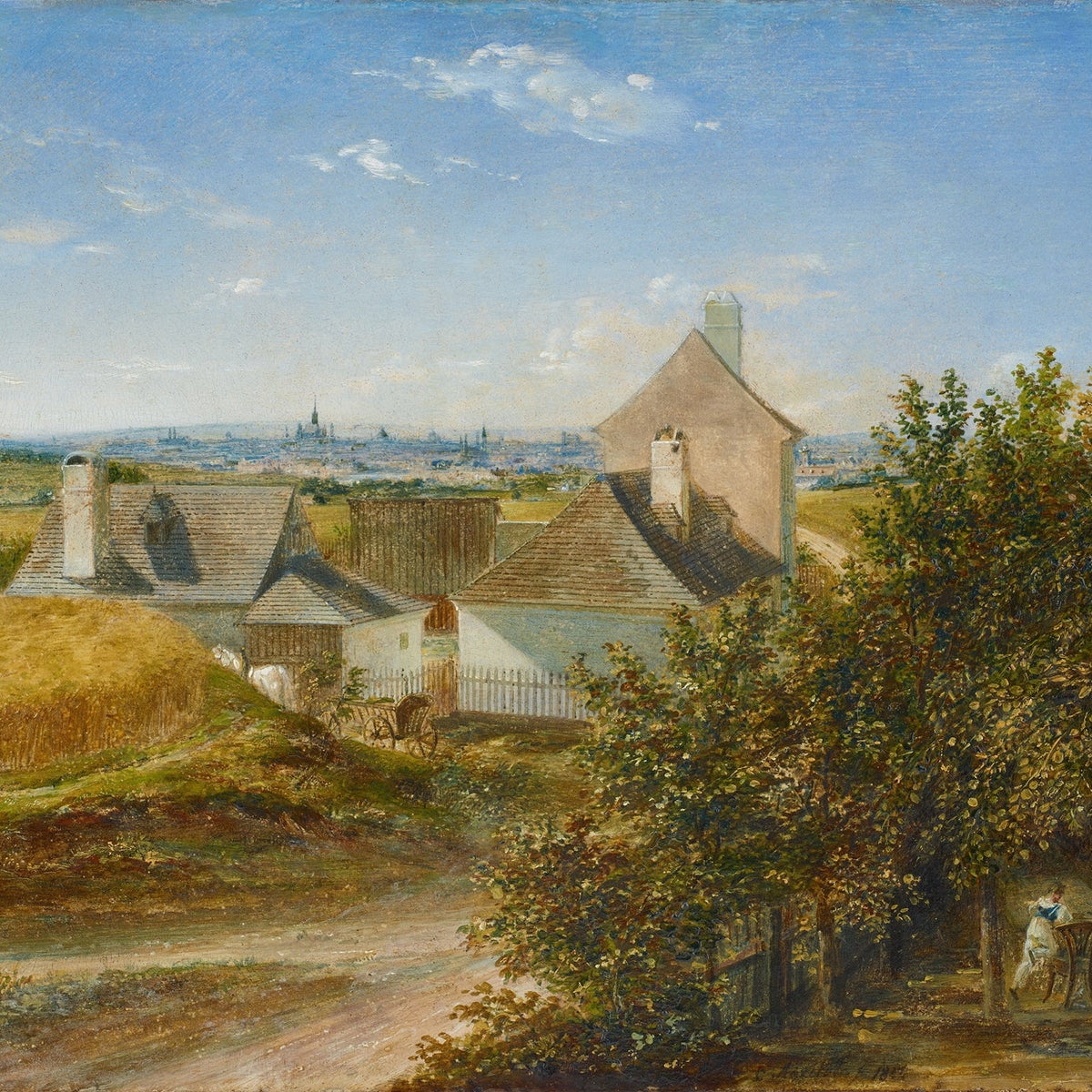 Hand-painted country houses with distant city view landscape oil painting on canvas