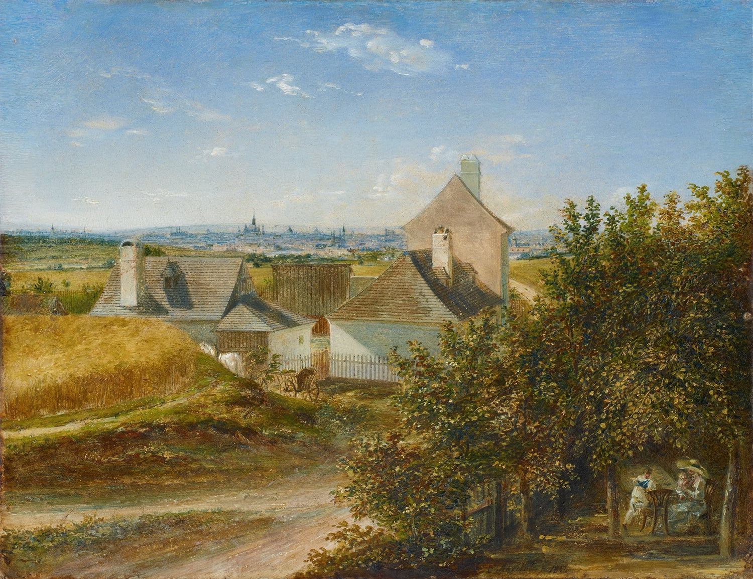 Landscape Oil Painting - Country Houses with Distant City View - Oil Painting Haven