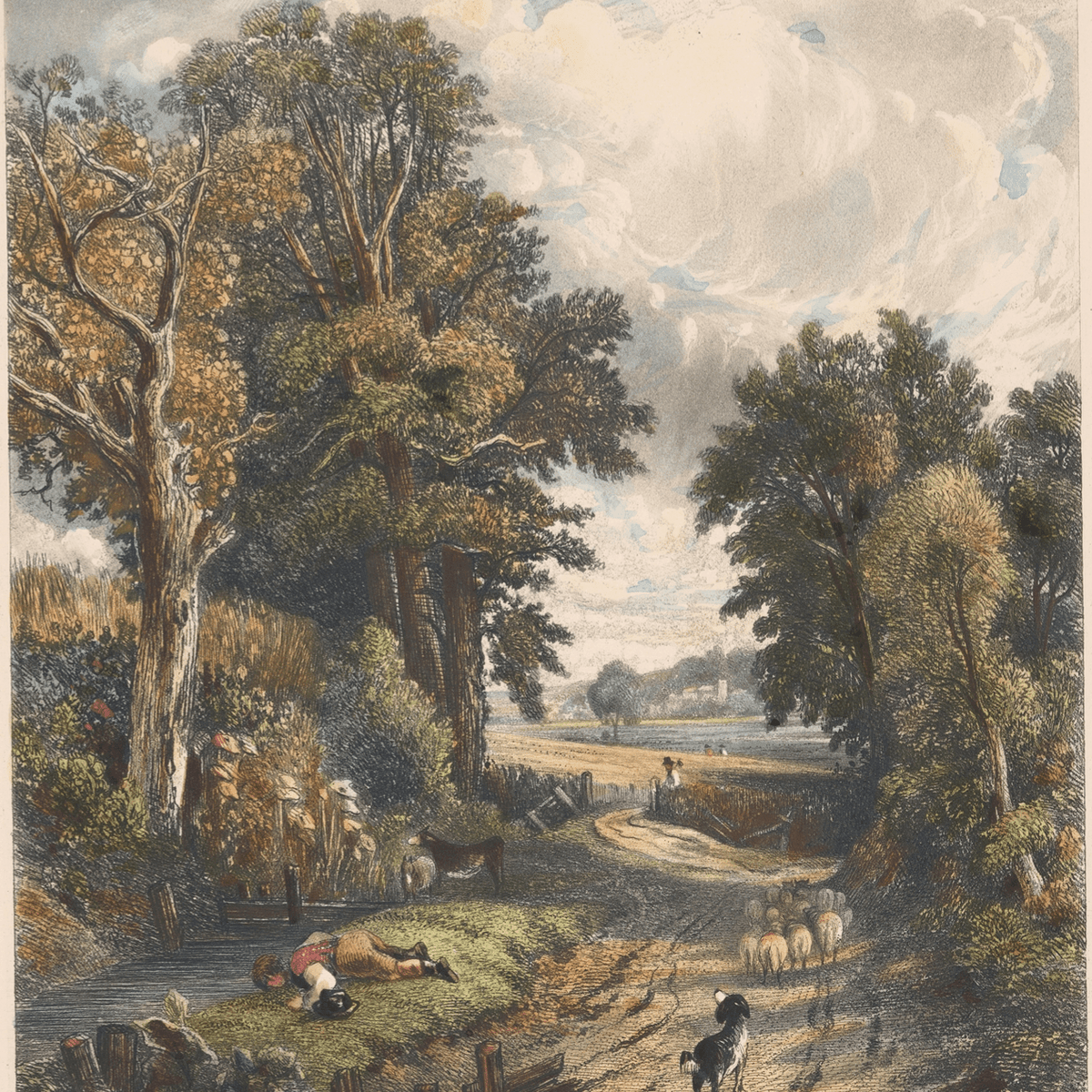 Landscape Oil Painting - Country Lane with Sheep, Dog, and Trees - Oil Painting Haven