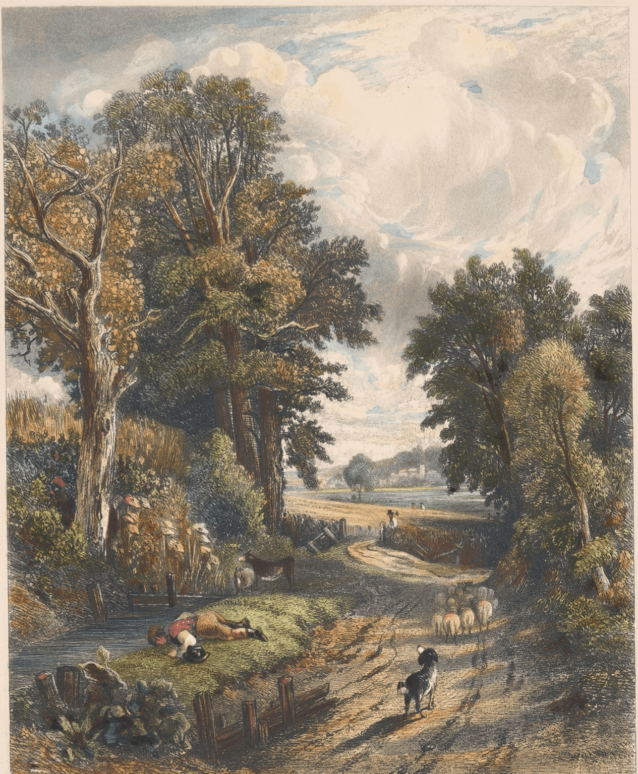 Landscape Oil Painting - Country Lane with Sheep, Dog, and Trees - Oil Painting Haven