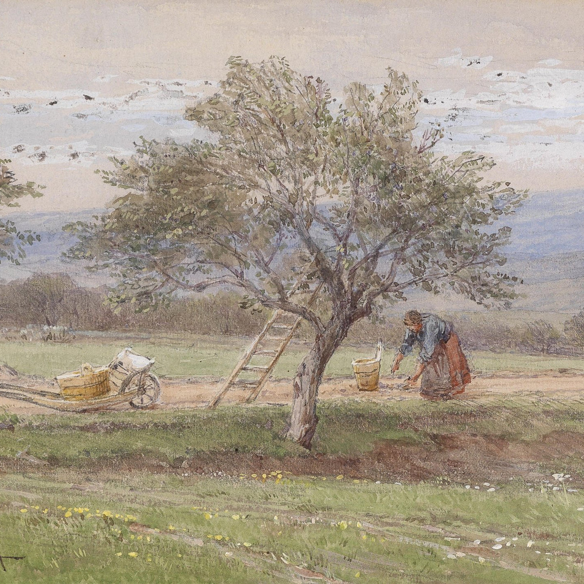 Hand-painted country orchard with figure and ladder landscape oil painting on canvas