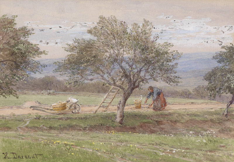 Hand-painted country orchard with figure and ladder landscape oil painting on canvas