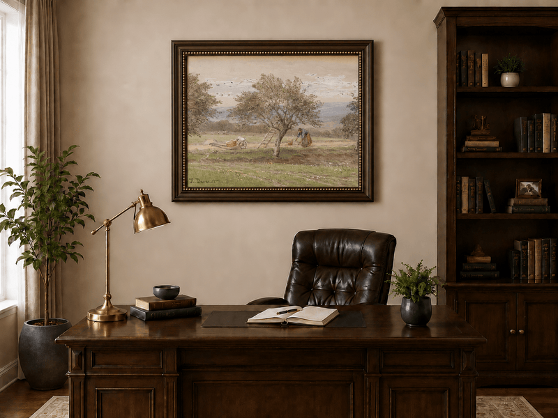 Peinture à l'huile de paysage - Rivière printanière avec pêcheur et arbres