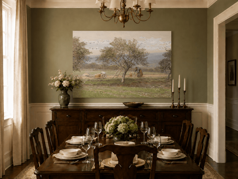 Peinture à l'huile de paysage - Rivière printanière avec pêcheur et arbres