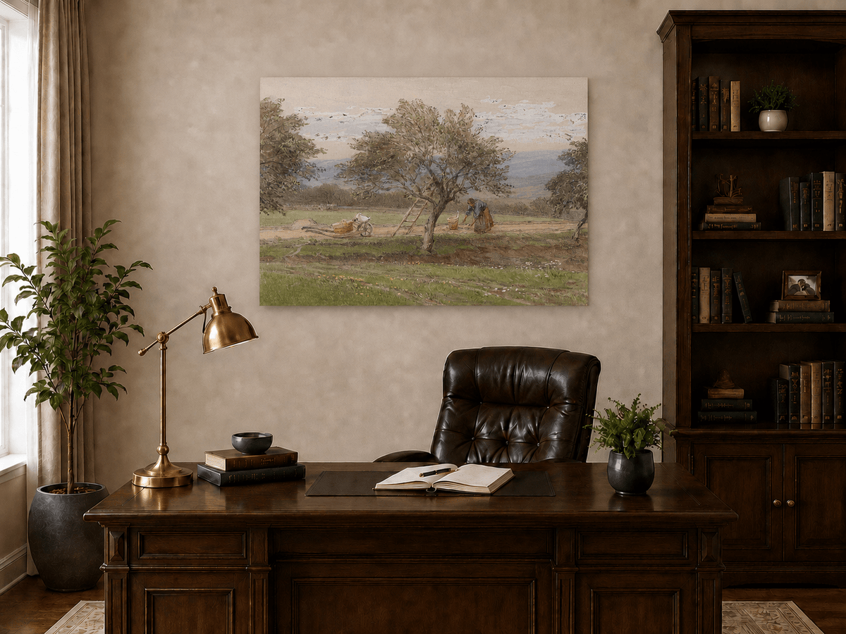 Peinture à l'huile de paysage - Rivière printanière avec pêcheur et arbres