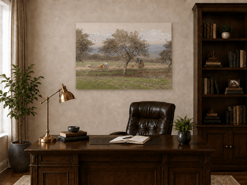 Peinture à l'huile de paysage - Rivière printanière avec pêcheur et arbres