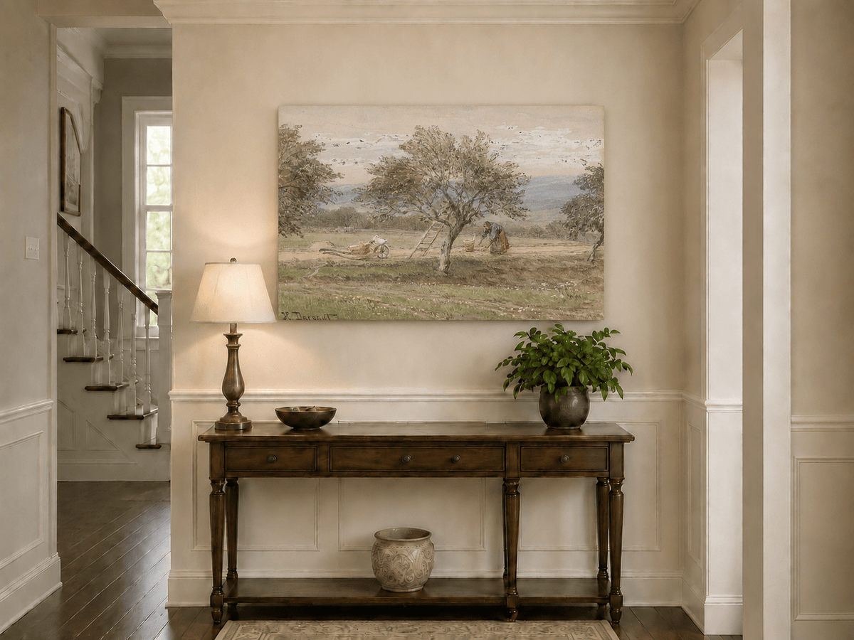 Peinture à l'huile de paysage - Rivière printanière avec pêcheur et arbres