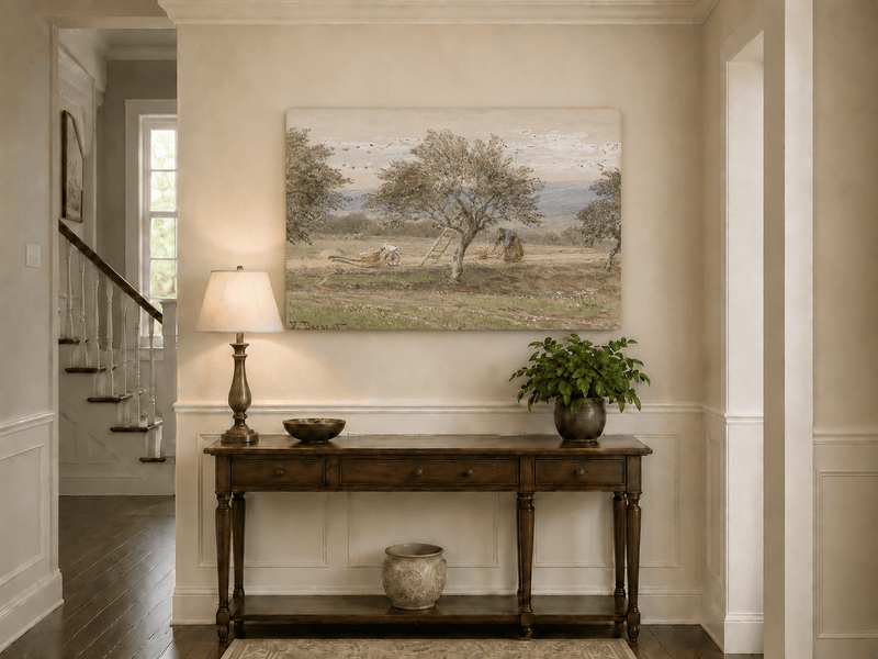 Peinture à l'huile de paysage - Rivière printanière avec pêcheur et arbres