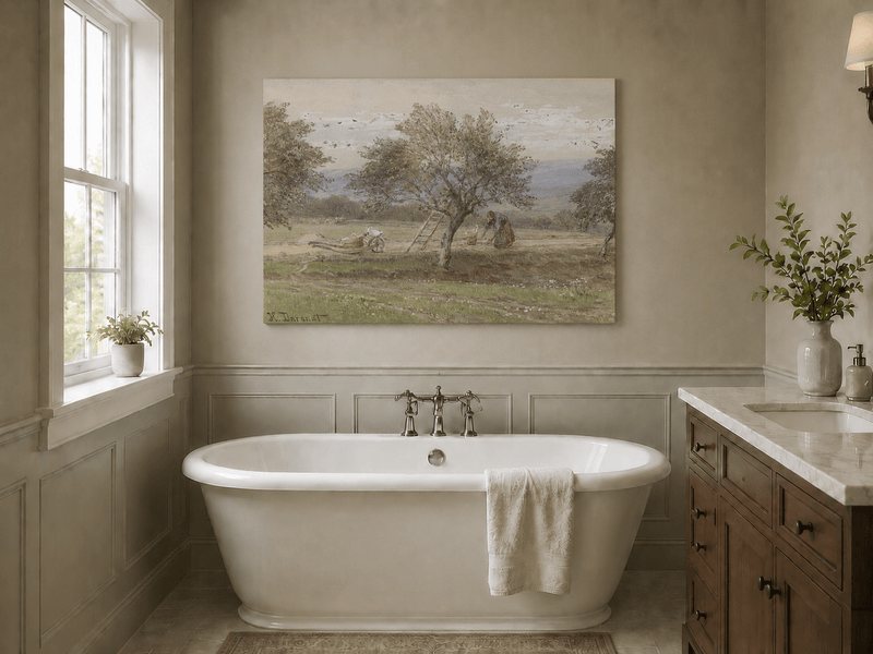 Peinture à l'huile de paysage - Rivière printanière avec pêcheur et arbres