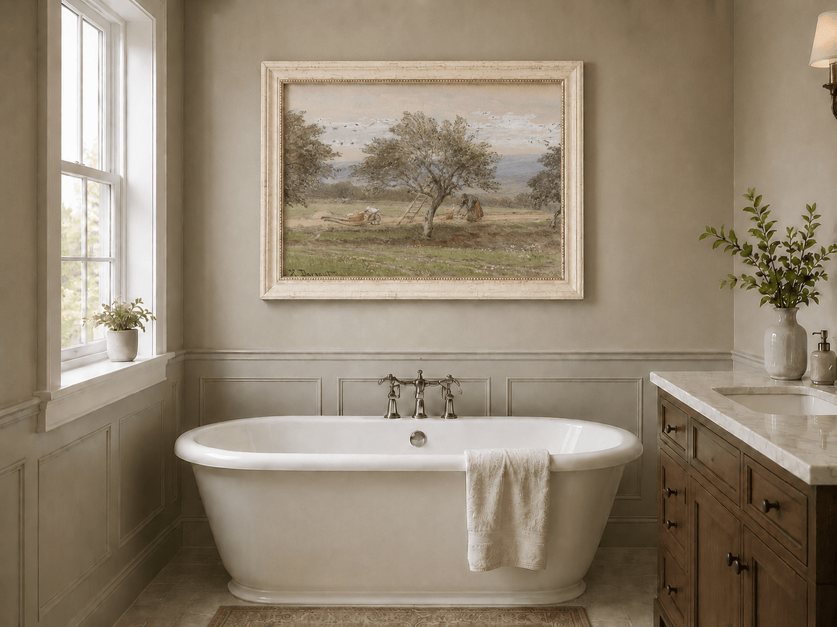 Peinture à l'huile de paysage - Rivière printanière avec pêcheur et arbres